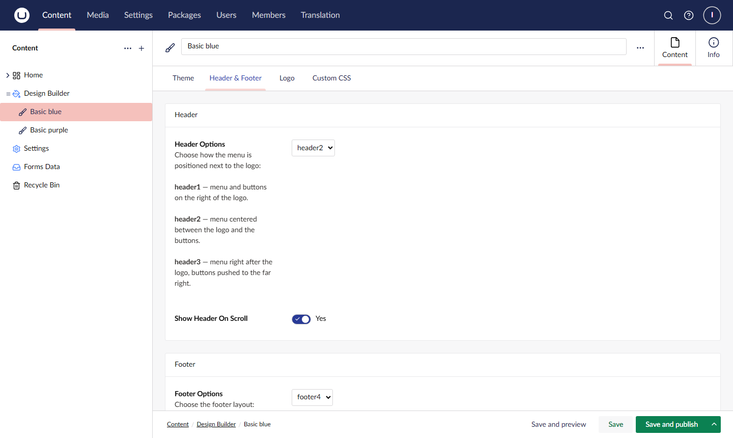 Design Builder v17 - Header and Footer tab