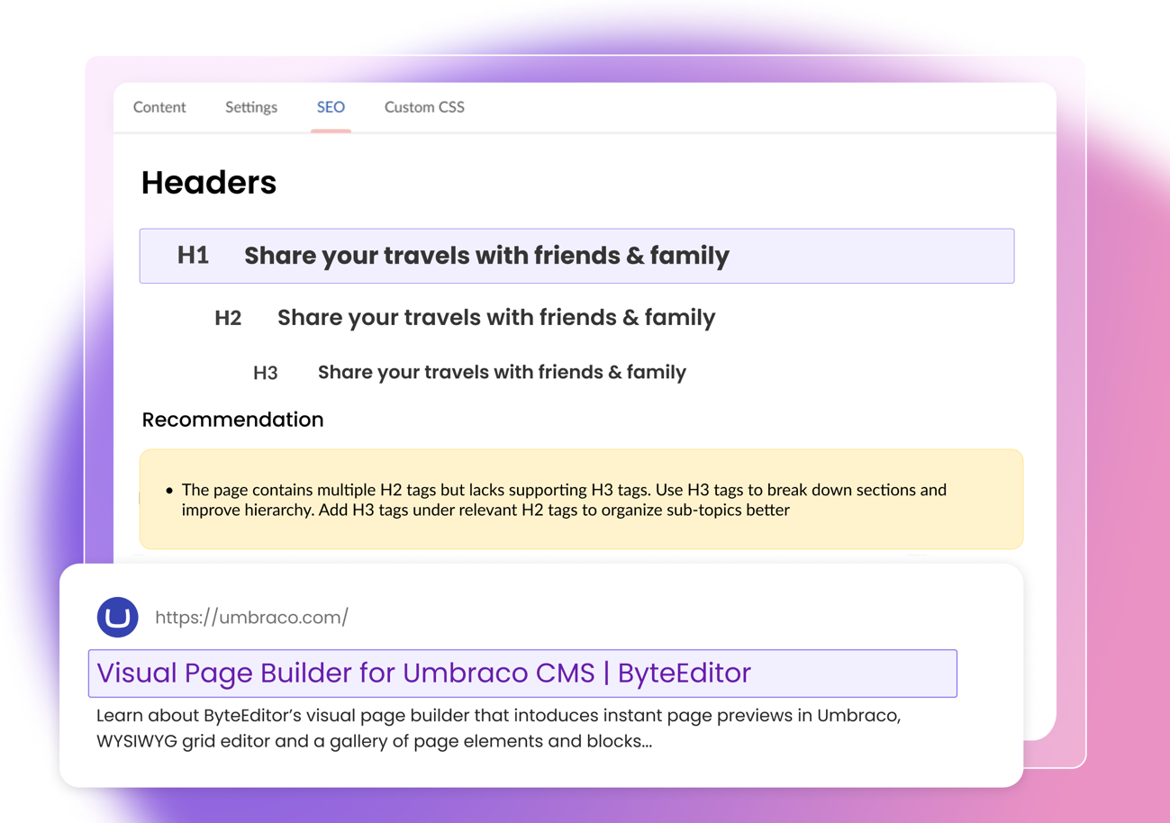 ByteEditor SEO features for Umbraco CMS