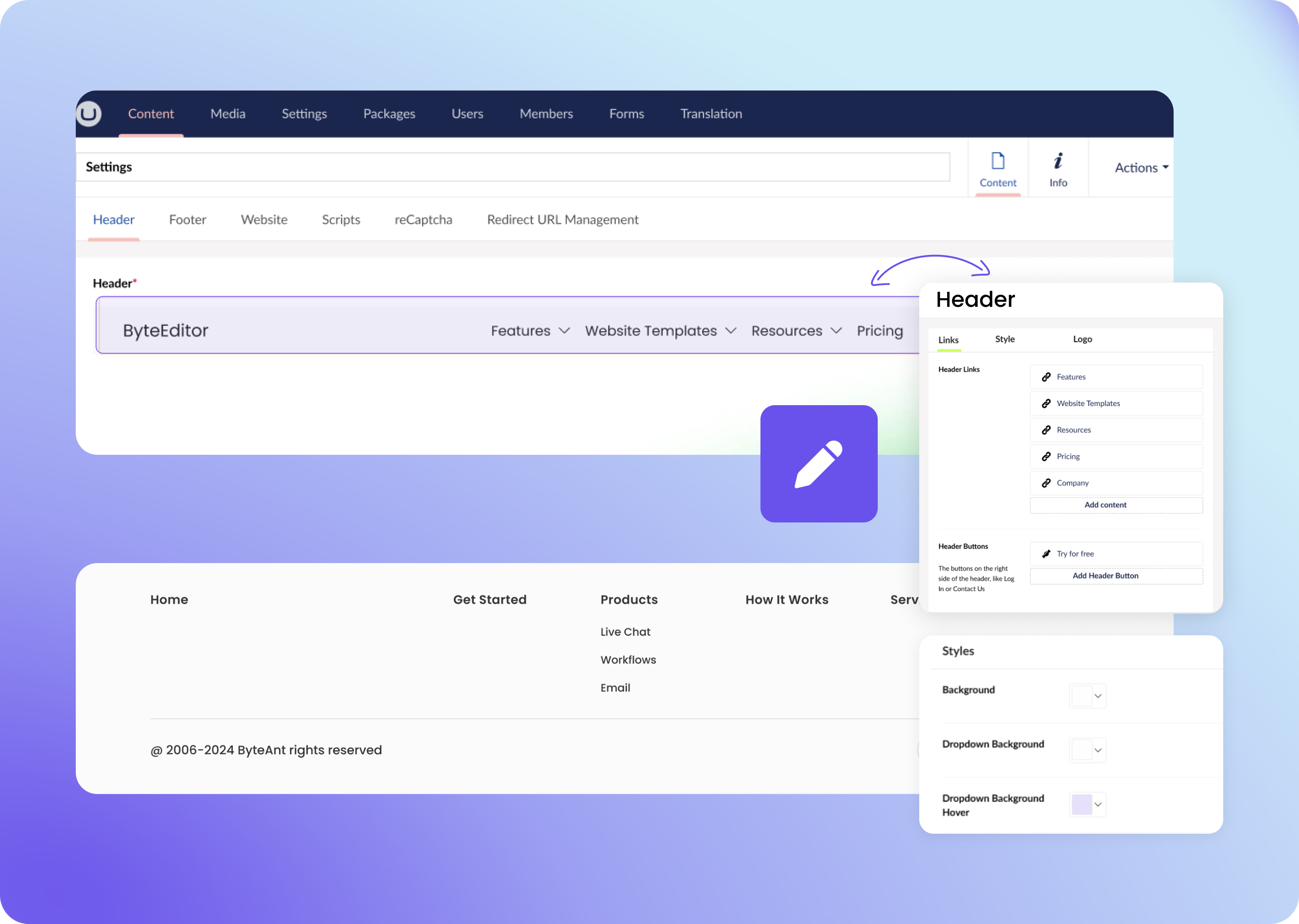 Manage header and footer in Umbraco with ByteEditor