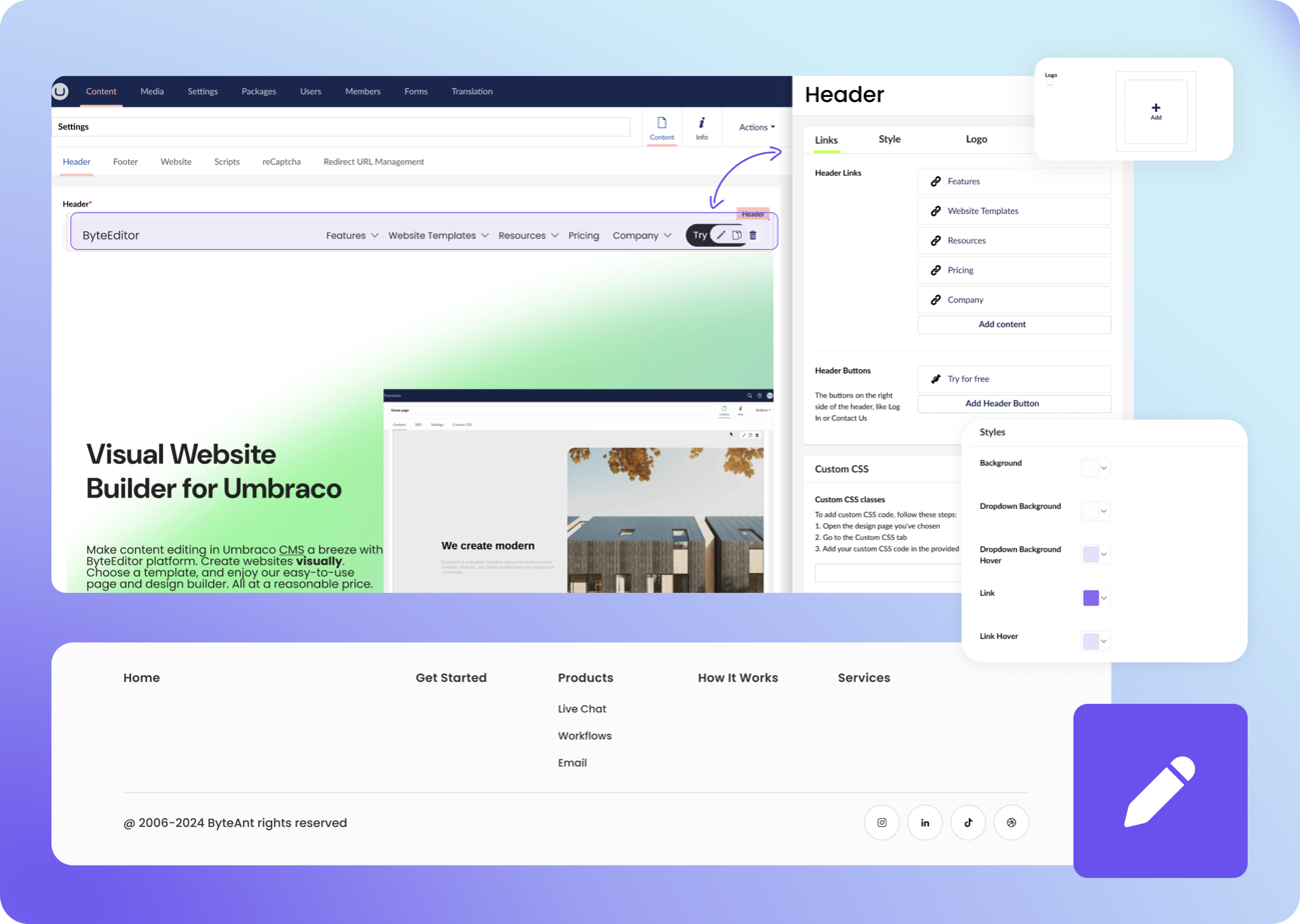 Manage header and footer in Umbraco with ByteEditor